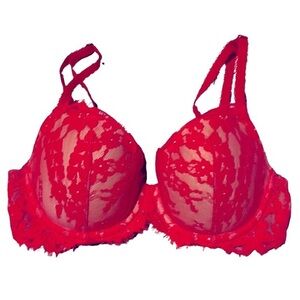 32D Victoria’s Secret Dream Angels Lined Demi Bra Red Lace on Tan/Nude